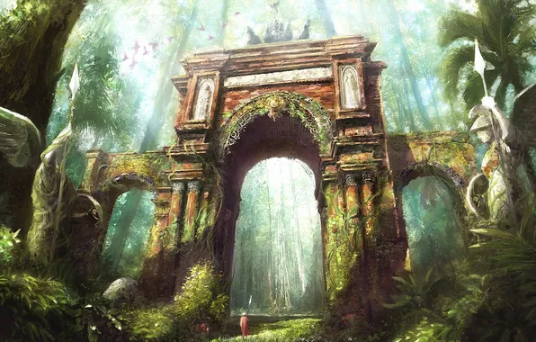 Thickets, art, statue, arch, traveler, abandonment