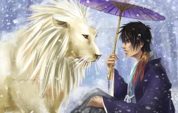 Picture snow, Leo, umbrella, anime, feathers, art, guy, Katekyo Hitman Reborn