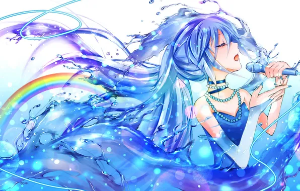 Picture water, girl, rainbow, art, beads, microphone, Hatsune Miku, Vocaloid