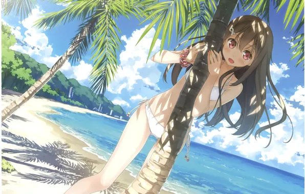 Palm trees, vacation, on the beach, blue sky, visual novel, in bikini, ocean, by Kantoku