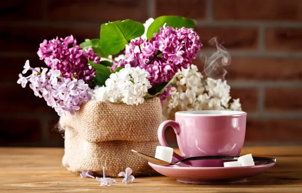 Picture coffee, bouquet, Cup, lilac