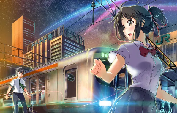 Girl, anime, art, guy, Still, tachibana taki, miyamizu mitsuha, Kimi no VA On