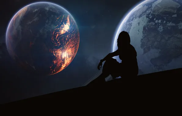 Girl, space, light, night, darkness, the dark background, loneliness, rendering