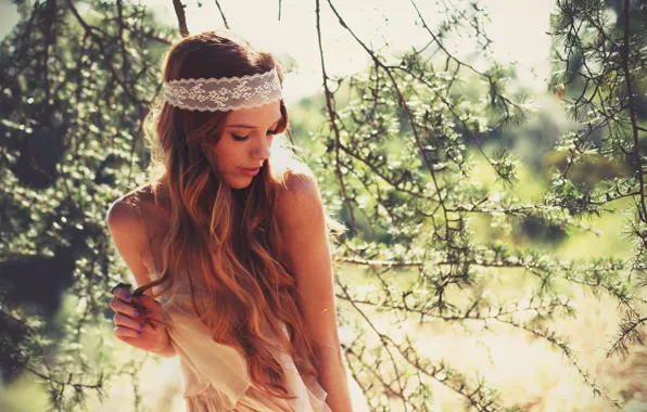 Flowers, branches, hair, dress, dress, flowers, hair, branches