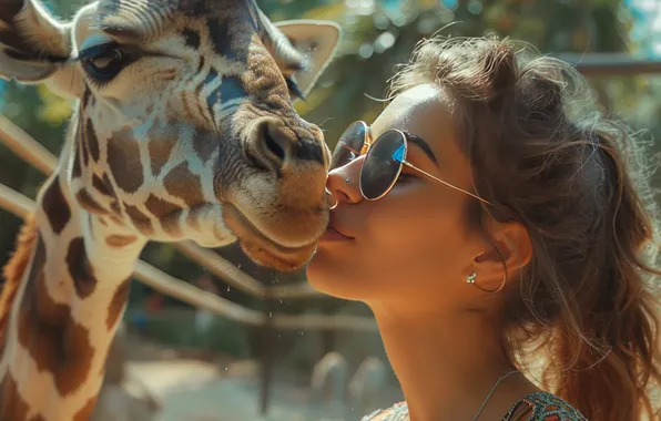 Look, girl, face, portrait, kiss, giraffe, zoo, sunglasses