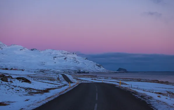 Road, the sky, clouds, snow, the evening, Iceland, lilac