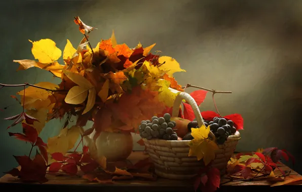 Leaves, branches, berries, basket, grapes, vase, still life, table