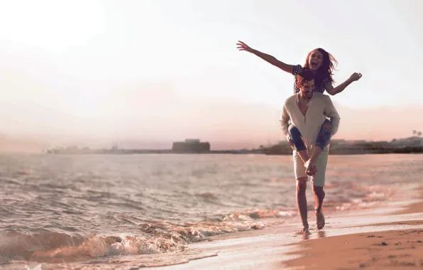 Picture sea, beach, girl, joy, shore, laughter, guy