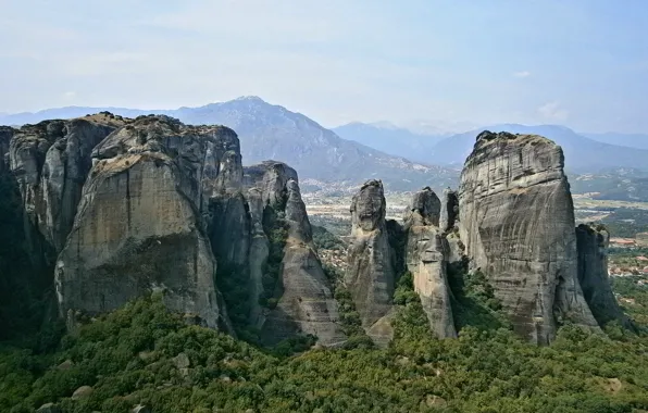 Greens, trees, The sky, Mountains, Rocks, Greece, Landscape, Meteora