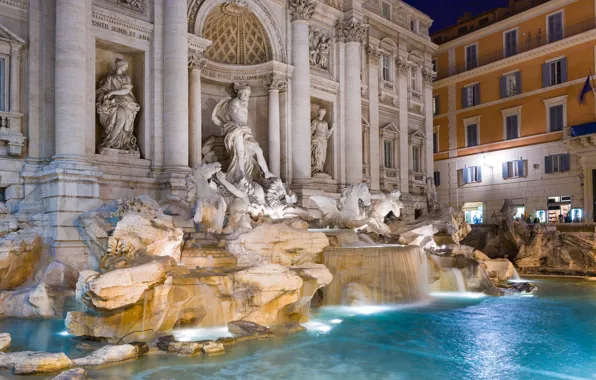 Night, lights, home, Rome, Italy, fountain, Trevi