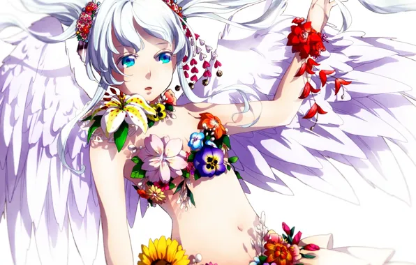 Girl, flowers, wings, sunflower, angel, art, vocaloid, hatsune miku