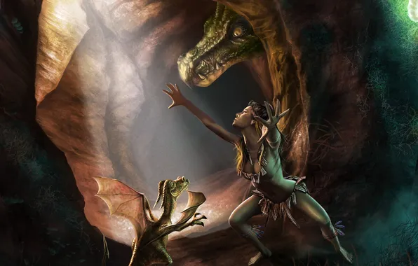 Picture girl, dragons, feathers, art, cave, cub, masterBo, savage