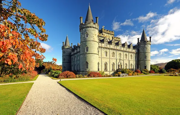 Picture autumn, grass, Park, castle, stone, garden, lawn, autumn