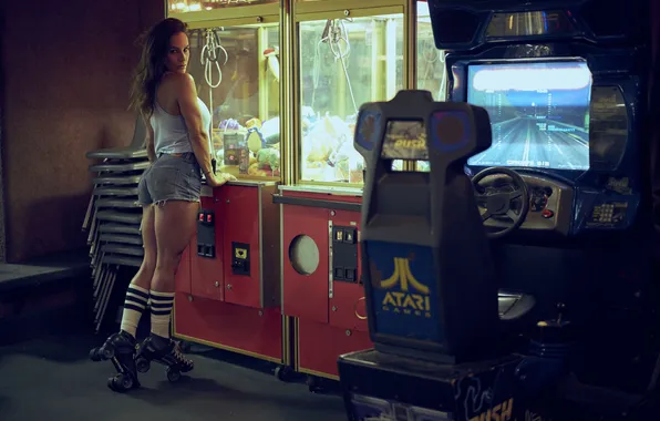 Girl, game, feet, hair, lips, Atari, direct look, roller skates