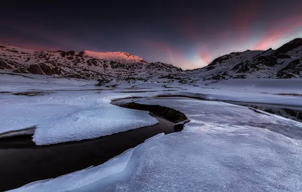 Winter, snow, mountains, nature, river, dawn