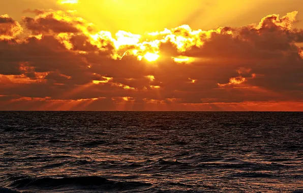 Sea, the sun, clouds, sunset, horizon