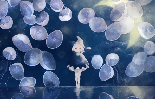 Water, night, fantasy, jellyfish, girl, witch