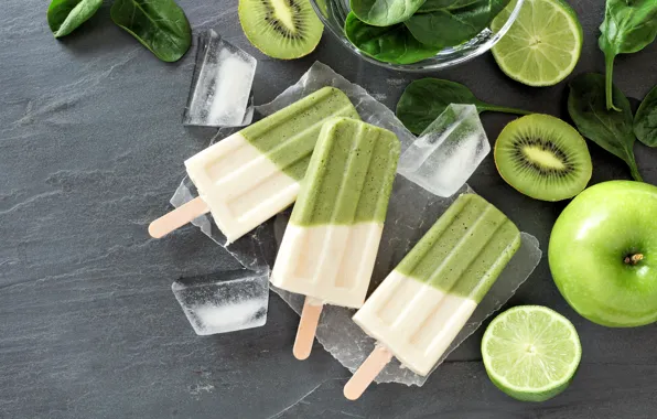 Apples, kiwi, ice cubes, Popsicles, Ice cream