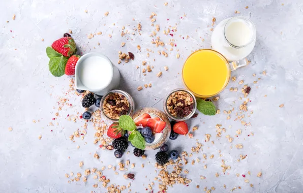 Berries, strawberry, juice, yogurt, orange, granola, Roman Dbree