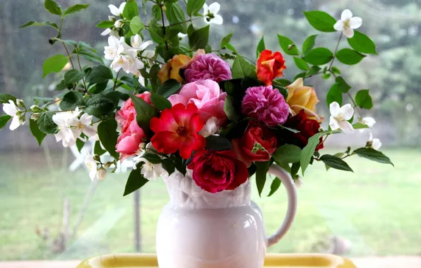 Picture flowers, bouquet, window, pitcher