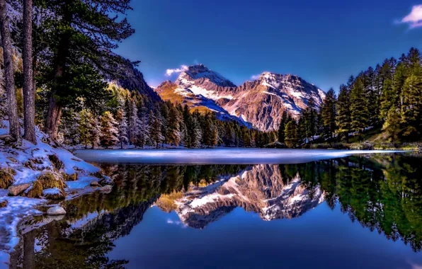 Forest, snow, mountains, lake, reflection, Alps, Switzerland, Alps