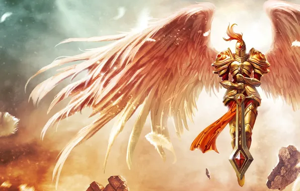 Stones, wings, sword, feathers, armor, League of Legends, Kayle