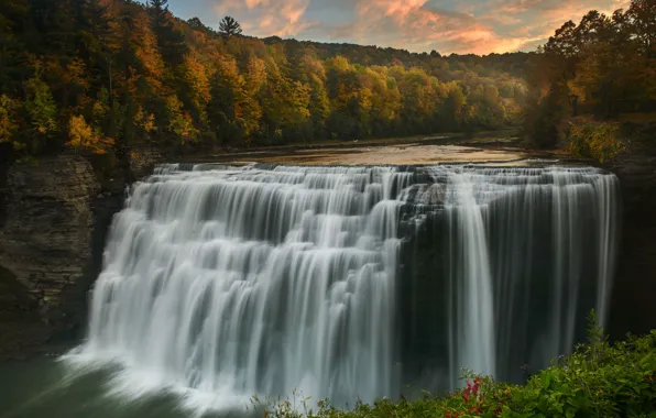 Autumn, forest, river, waterfall, stream, New York, New York, falls Middle falls
