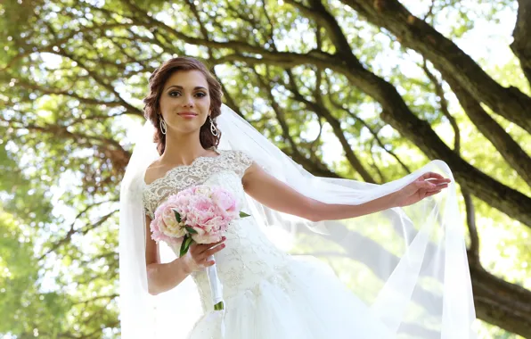 Look, girl, trees, flowers, branches, nature, pose, smile