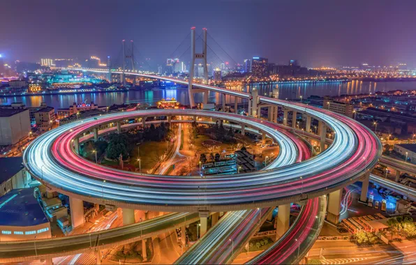 Night, bridge, the city, lights, the evening, excerpt, China, Shanghai