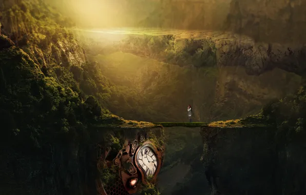 Forest, girl, light, bridge, nature, time, metal, fog