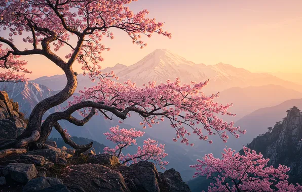 The sky, mountains, spring, valley, sakkura, mountains, sakura, spring