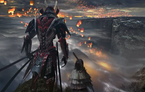 Clouds, warrior, hill, lanterns, samurai armor