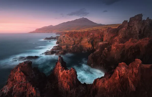 Sea, mountains, fog, rocks, shore, morning, surf, haze