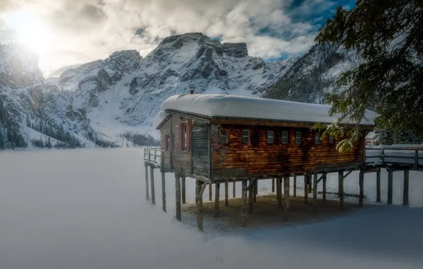 Winter, mountains, lake, house