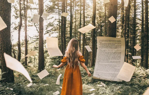 Forest, girl, book, page, Bird Man