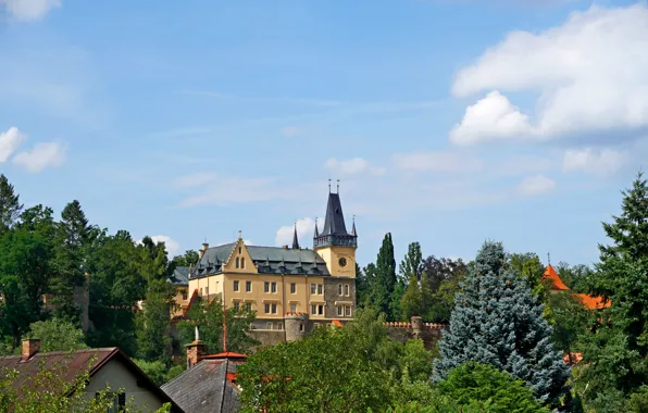 Picture the sky, the sun, clouds, trees, castle, wall, home, Czech Republic