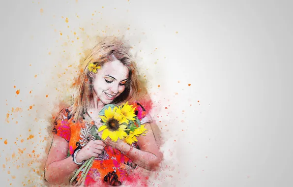 Picture background, figure, sunflower, girl art