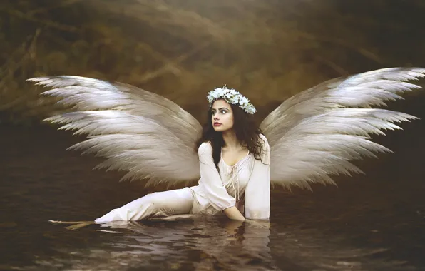 Water, girl, flowers, wings, angel, brunette, wreath
