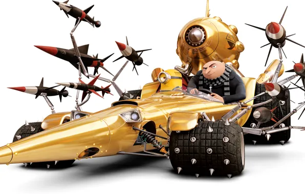 Picture cartoon, missiles, spikes, white background, car, animation, minion, Gru