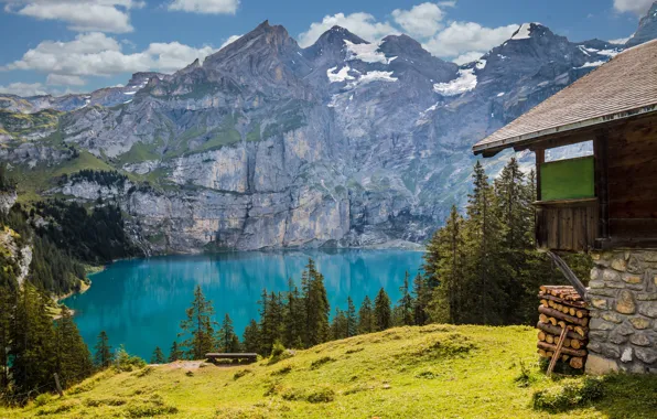 Picture home, lake, rocks, mountains, shore