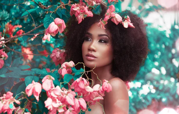 Look, girl, flowers, branches, foliage, mulatto, curls, Ikenna Douglas