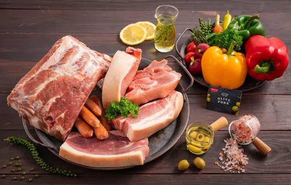 Lemon, sausage, meat, pepper, vegetables, olives, salt, radishes
