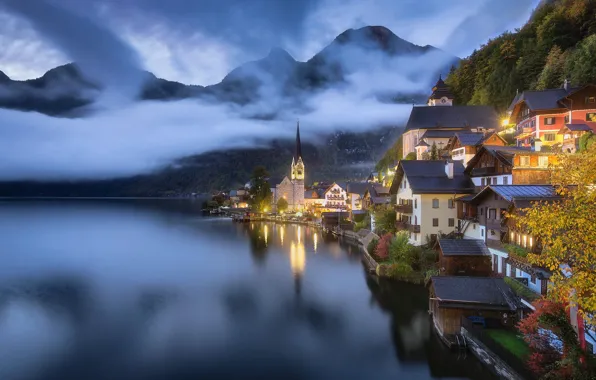 Clouds, landscape, mountains, lake, tower, home, the evening, Austria