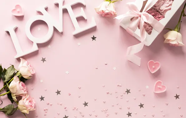 Letters, background, pink, box, Love, roses, candles, marshmallows