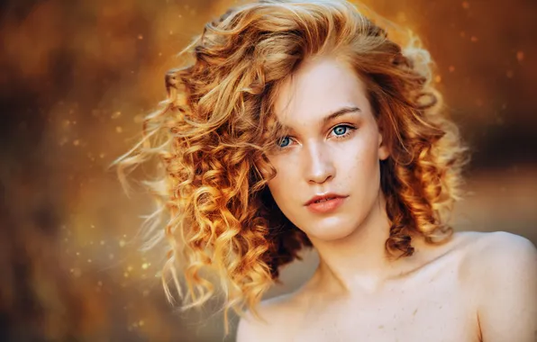 Girl, portrait, makeup, hairstyle, redhead, bokeh, bare shoulders