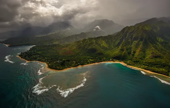 Picture sea, wave, beach, the sun, clouds, mountains, United States, Haena
