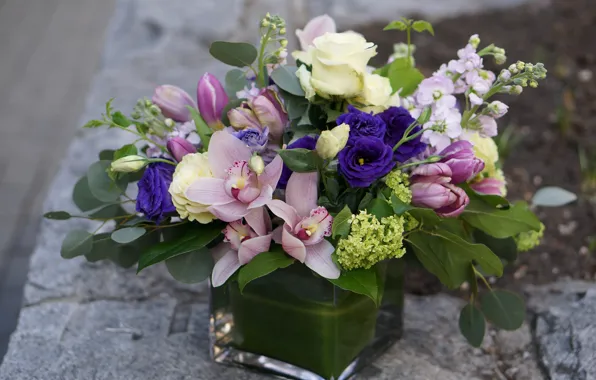 Flowers, bouquet, tulips, vase, orchids, eustoma, gillyflower
