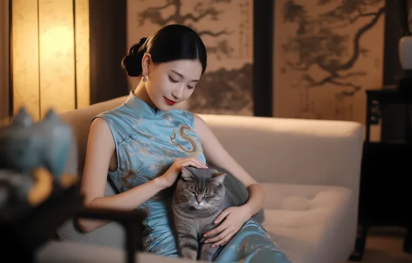 Cat, girl, calm, Chinese, Asian, soft light, elegance, classic interior