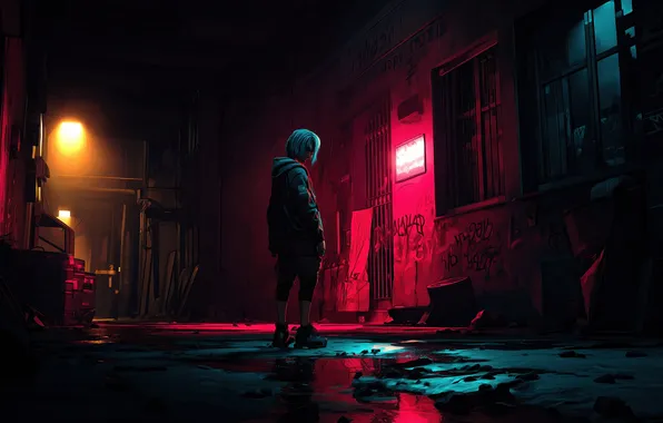 Girl, night, red, city, the city, street, red, lane