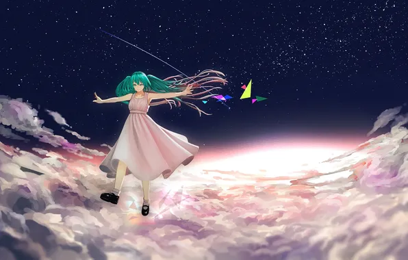 Picture the sky, girl, stars, clouds, sunset, anime, art, hatsune miku
